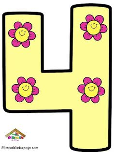 the letter h has flowers on it and is outlined in yellow with pink petals, as well as a smiley face