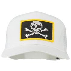 Jolly Skull Patched Mesh CapMade of 65% polyester and 35% cotton, mesh back.One size fits most with an adjustable plastic snap closure, fitting up to XL.Same material inner hatband.Adult/Unisex.Crown measures 4 inches deep.Bill measures 3 inches long.Hand wash only.Imported. Jolly Roger pirate skull and crossbones embroidered military patch is attached on the front crown.2 front panels with 4 panels in mesh back.Bill is stiff and pre curved.Front crown is constructed.6 panels.High profile.Our jolly roger patched cap is especially great for those bikers and military soldiers.All Season.7.5(W) X 11(L) X 4.5(H) inches.Cool, durable and light material.Available in different colors and styles. Pirate Skull And Crossbones, Unisex Crown, Skull Patch, Military Soldiers, Pirate Skull, Military Patch, Jolly Roger, Mesh Cap, Sticker Patches