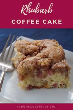 rhubarb coffee cake on a plate with a fork