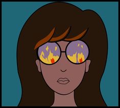 a woman wearing glasses with flames on her eyes