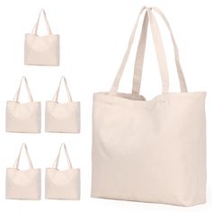 six canvas tote bags in various sizes and colors