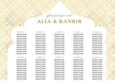 an ornate gold and white wedding seating chart with the names of each member on it