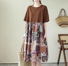 Great shopping ideas for Womens Fashion Summer Retro Round Collar Short Sleeve Floral Cotton Linen Dress, Summer clothing Casual Brown Patchwork Dress, Casual Patchwork Midi Dress With Short Sleeves, Casual Short Sleeve Midi Dress With Patchwork, Beige Patchwork Knee-length Dress, Beige Knee-length Patchwork Dress, Casual Cotton Midi Dress With Patchwork, Casual Short Sleeve Dress With Patchwork, Beige Patchwork Dress For Vacation, Cotton Midi Dress With Patchwork And Short Sleeves