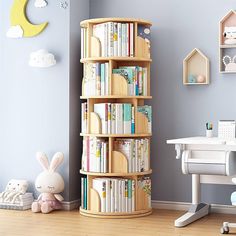 a child's room with bookshelf, desk and toy animals on the floor