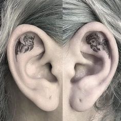 two pictures of the same ear with tattoos on them, one has an elephant and the other has a cat