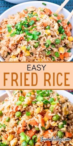 fried rice with peas and carrots in a white bowl on a blue tablecloth