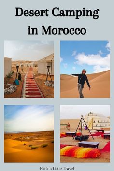 Four images of desert camping in Morocco including two images of the Sahara desert sand dunes and two images of large white tents with red furnishings surrounding the exterior. Desert Camping, Desert Camp, Travel Morocco, Africa Travel Guide, Morocco Tours, Responsible Tourism, Sleeping Under The Stars