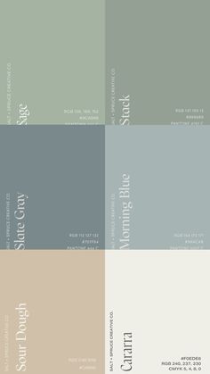 four different shades of gray, green and beige with the words's written on them