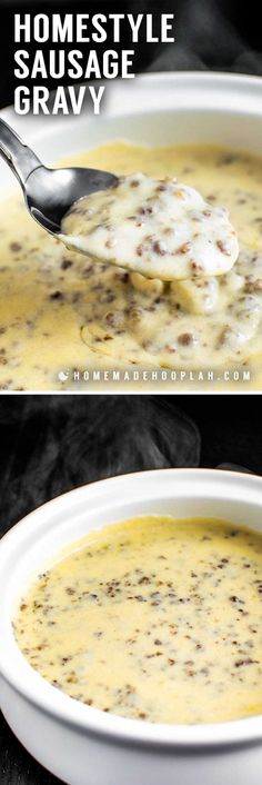 two pictures of soup in a white bowl with spoons, and the same one has sausage gravy on it