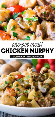 Chicken Murphy in a shallow bowl Chicken And Veggie Stew, Chicken Murphy Recipe Italian, Italian Sausage Peppers And Potatoes, Chicken Murphy Recipe, Chicken Murphy, Peppers And Potatoes, Italian Sausage Peppers, Chicken Italian, Hashbrown Casserole Recipe