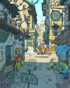 cartoon characters playing in an alley with buildings and street signs on either side, one man is running towards the viewer