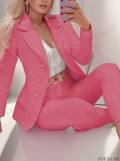 Poprose - White Long Sleeve Blazer with Matching Pants Pink Pants For Office In Fall, Pink Office Pants For Fall, Bodysuit Blouse, Pink M, Matching Pants, Long Sleeve Blazers, Womens Blazers, Daily Dress, Winter Coats Women