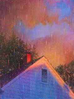 a painting of a house in the rain