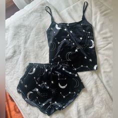 Satin Black Constellation Pajama Set Size S Never Worn, Super Cute And Trendy Set, I Just Am Moving Away For College Soon And Would Like To Sell More Of My Clothing Since I Can’t Take All Of It With Me. Feel Free To Make An Offer <3 Scream Pjs, Black Summer Sleepwear For Night, Celestial Pajamas, Aesthetic Pjs, Goth Pajamas, Pjs Set, Black Pajamas, Cute Pjs, Constellation Print