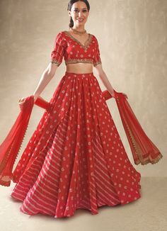 Hibiscus Red Satin Bandhani Lehenga Set Renee - Fabilicious Fashion Bandhani Lehenga, Lehenga Ideas, Pearl Mirror, Satin Lehenga, Lehenga Pattern, Hibiscus Red, Indian Outfits Lehenga, Lehenga Blouse Designs, Choli Designs