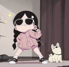 a cartoon girl with sunglasses and a dog in front of a curtained window, looking at her cell phone