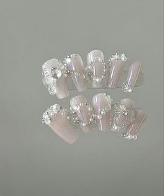 Nail Designs Toenails, Pale Nails, Diy Rhinestone Nails, Asian Nails, Korean Nails, Y2k Nails, Birthday Nails