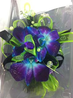 a purple and green flower in a clear box