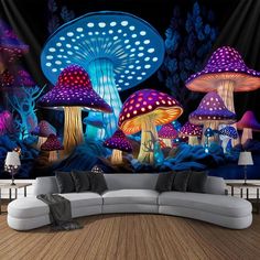 a living room filled with lots of colorful mushrooms