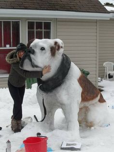 a woman kissing a dog in the snow with another person standing next to her and holding it up