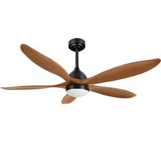 a ceiling fan with two wooden blades and a light on the bottom one is black