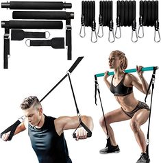 a man and woman doing exercises with resistance straps