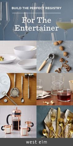 an advertisement for the west elm wine and dinning service, with images of different items