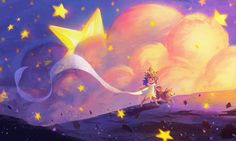 a painting of a girl holding a star in the sky with clouds and stars around her