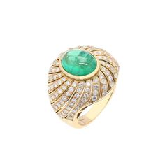 This is part of Chairish’s Fine Jewelry assortment.  Emerald Cocktail Ring in 18K Gold with Diamonds which perfectly goes with your personality and also helps you to improve your creativity. Designed with big emerald in center with diamonds making a dome that makes it a perfect fit to wear it on your wedding or style it with any of your basic outfit to give it a glam.  PRODUCT DETAILS :-  Material - 18K Solid Yellow Gold Gemstone - Emerald Gemstone Weight - 4.38 ct Gemstone pcs - 1 Gemstone shap Elegant Domed Emerald Ring, Elegant Green Gemstone Dome Ring, Luxury Green Dome Ring For Formal Occasions, Elegant Green Domed Rings, Luxury Green Domed Ring, Luxury Oval Green Dome Ring, Elegant Round Emerald Dome Ring, Elegant Emerald Dome Ring, Emerald Cocktail Ring