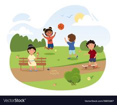 kids playing basketball in the park on a sunny day