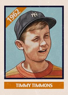 a baseball card with a drawing of a young boy wearing a yankees cap and smiling