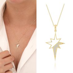 "Our stunning 14k Gold North Star Necklace represents inspiration, guidance, and direction. For centuries, the North Star, also known as Polaris, has guided travelers, and this necklace captures the essence of its celestial navigation. The intricate design of the delicate 14k gold pendant showcases the North Star's radiant glow, making it a timeless piece that adds elegance to any outfit. This necklace's versatility in styling makes it perfect for any occasion, whether dressing up or down. It is also a thoughtful and sentimental gift for someone special, reminding them that they have a guiding light to lead them. Don't miss out on this remarkable piece that is certain to become a cherished addition to your jewelry collection. Order your 14k Gold North Star Necklace today and experience the Luxury Starburst Jewelry For Gifts, Luxury Starburst Jewelry Gift, Elegant Yellow Gold Star Of David Charm Necklace, North Star Necklace Gold, Elegant Yellow Gold Star Of David Necklace, Mystical Star-shaped Necklace For Gift, 14k Gold-filled Star Charm Necklace As Gift, Celestial Navigation, Gold Chic