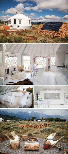 the interior and exterior of a yurt with furniture, bedding, and other items