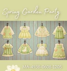 an advertisement for spring garden party with dresses and flowers on the clothes hanger in front of