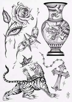 an ink drawing of two vases and a tiger