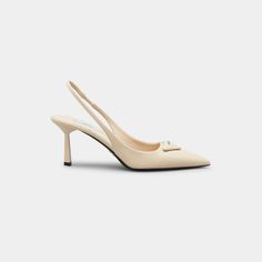 Prada calf leather pumps with signature padded triangle logo accent 3.00 in / 75 mm stiletto heel Open toe Stretch slingback strap Leather outsole Made in Italy Triangle Logo, Prada Leather, Slingback Pump, Leather Pumps, Open Toe, Calf Leather, Aesthetic Clothes, Stiletto Heels, Leather Straps