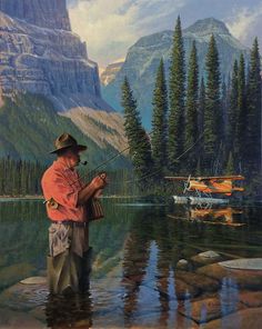 a painting of a man fishing in the water