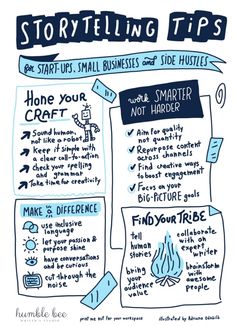 the story telling tips for small business and side hustles, with handwritten notes