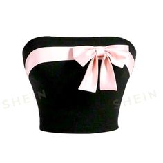 New With Tags! Retro Style Black Cropped Tube With Pink Satin Bow Detail Across Front. Stretch. Size: M New Pink And Black Outfit Ideas, Crop Top White Shirt, Pink Bow Top, Bow Tube Top, Bow Clothing, Physical Manifestation, Pink Tube Top, Dr Wardrobe, Black Tube Top