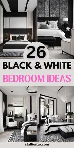 Collage of various black and white bedroom styles showcasing different design approaches Black Grey And White Bedroom, Grey Black And White Bedroom, Black White And Grey Bedroom Ideas, White And Grey Bedroom Ideas, Black White And Grey Bedroom, White And Silver Bedroom, Monochrome Room