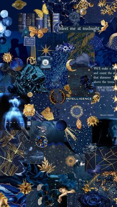 a collage of blue and gold items with stars, clouds, and other things