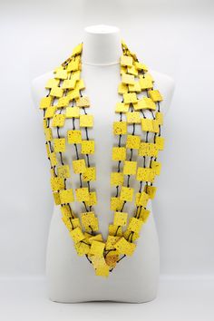 RECYCLED WOOD SQUARES NECKLACES YELLOW GRAFFITI - LARGE - Jianhui London Handmade Yellow Rectangular Jewelry, Yellow Handwoven Artisan Beaded Necklaces, Artisan Yellow Handwoven Beaded Necklace, Artistic Handmade Yellow Necklace, Yellow Graffiti, Luxury Multicolor Wooden Beads Necklace, Handmade Vibrant Yellow Necklace, Square Necklace, Wood Square