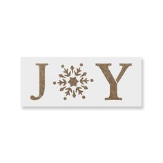 the word joy with snowflakes is shown in gold and silver on a white background