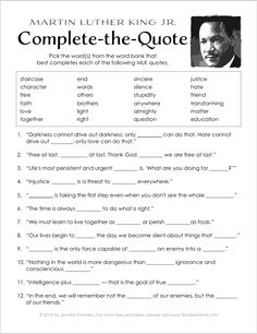 martin luther king's complete - the - quote worksheet with answers and examples