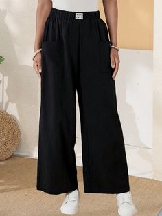 Women's Summer Loose Wide-Leg Pants With Elastic Waistband Black Casual   Woven Fabric Letter,Plain Straight Leg Non-Stretch  Women Clothing, size features are:Bust: ,Length: ,Sleeve Length: Black Plain Wide Leg Bottoms, Solid Color Wide Leg Harem Pants With Side Pockets, Solid Wide Leg Harem Pants With Side Pockets, Wide Leg Pants With Side Pockets Non-stretch, Non-stretch Wide Leg Pants With Side Pockets, Solid Wide Leg Ankle-length Pants With Pockets, Solid Ankle-length Wide Leg Pants With Pockets, Non-stretch Solid Wide Leg Pants With Pockets, Printed Sleeveless Top