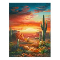 a painting of a desert scene with cactus trees and mountains in the background at sunset