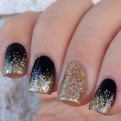 Easy Black and Gold Glitter Ombre Nails New Years Eve Nails, Glitter Rosa, Nails Yellow, Ombre Nails Glitter, Gold Nail, Black Nail, New Year's Nails, Dipped Nails, Prom Nails