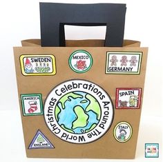 a brown bag with stickers on it and the words celebration around the world in black