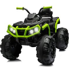 an electric toy atv is shown on a white background with the lights on and green accents