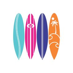 three surfboards with different colors and designs on the bottom one is blue, pink, orange and white